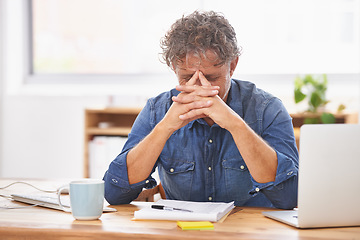 Image showing Stress, anxiety and burnout with a business man in the office, sitting at his desk feeling worried about a deadline. Mental health, audit and debt with a male employee suffering from pressure at work