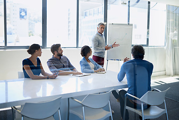 Image showing Whiteboard, presentation or businessman in meeting for company growth strategy, planning or proposal. Leadership, mission or manager speaking to people in mentorship teaching or coaching for training