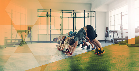 Image showing Push up, fitness and group of people at gym for exercise, workout and training in class. Athlete men and women together for power challenge, commitment and balance at a club with a mockup overlay