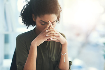 Image showing Headache, stress and business woman in office with problem, mistake and working on deadline. Burnout, anxiety and African female worker with frustrated, stressed out and migraine thinking of solution