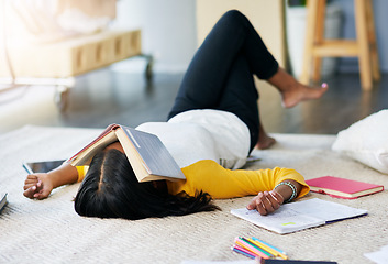 Image showing Home, woman and student with stress, studying and burnout in her bedroom, overworked or exhausted. Female person, academic or girl on a bed, sleeping or books for test, project or tired with homework