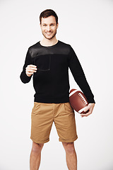 Image showing Man, rugby and smile portrait with fitness and sport gear with casual fashion in studio. Isolated, white background and young male person with happiness and ready to start workout exercise and game