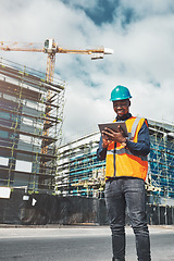 Image showing Construction, tablet and engineer man outdoor for project management, development and architecture. Happy black male contractor with mobile app for engineering and safety inspection or city planning