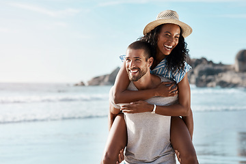 Image showing Romance, ocean and piggy back, happy couple with blue sky on romantic summer holiday travel to beach. Love, man and woman at sea, happiness on date and romantic adventure vacation together in Mexico.