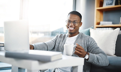 Image showing Computer, home portrait and man with coffee for online education, college e learning and studying in living room. Happy african person on floor, tea and laptop for remote university or scholarship
