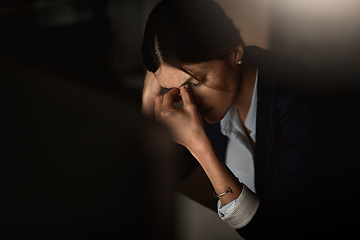 Image showing Depression, headache and business woman pain at night for migraine, burnout or mental health risk and stress. Depressed, anxiety or tired corporate person with mistake, frustrated or fatigue problem