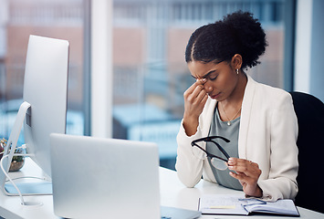 Image showing Business woman, headache and vision problem with stress, corporate burnout and fatigue from working in office. Professional female person with migraine, frustrated with laptop glitch and tired worker