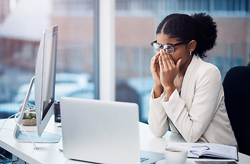 Image showing Business woman, vision problem with stress and burnout, corporate fatigue with headache and working in office. Professional female person with migraine, frustrated with laptop glitch and tired worker