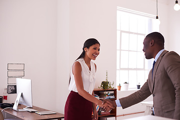 Image showing Happy woman, business people and handshake for partnership, trust and thank you with mockup. Employees shaking hands for success, collaboration and support of b2b networking, welcome and hiring deal