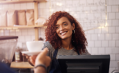 Image showing Happy woman, barista and cup of coffee to customer in cafeteria, restaurant shop and food service industry. Waitress, worker and giving drinks order, cappuccino and tea with smile in small business