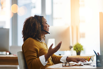 Image showing Typing, chat or happy woman in call center speaking, consulting or talking at customer services. Virtual assistant, computer or friendly consultant in telemarketing or telecom company help desk