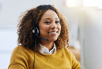 Image showing Virtual assistant, crm or friendly woman in call center consulting, speaking or talking at customer services. Communication, friendly or sales consultant in telemarketing or telecom company help desk