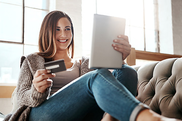 Image showing Online shopping, tablet and credit card, happy woman on couch in living room and internet banking app in home. Technology, ecommerce payment and girl on sofa surfing retail website or digital shop.