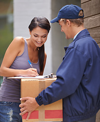 Image showing Smile, young woman and signing delivery from postman or exchange for logistics or keeping his client happy. Freight, box and lady at her front door for a package from a courier or shipping company