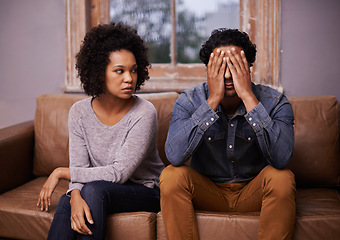 Image showing Divorce, fight and couple on a couch, depression and affair with partners at home, relationship problem and marriage. Anxiety, man and woman with conflict, frustration and cheating with mental health