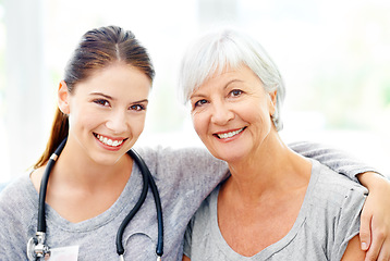 Image showing Senior care, happy portrait of nurse and old woman in nursing home with trust and support in healthcare. Retirement, caregiver service and elderly patient with happiness and healthy smile on face.
