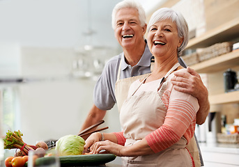 Image showing Cooking, health and portrait of old couple in kitchen for salad, love and nutrition. Happy, smile and retirement with senior man and woman cutting vegetables at home for food, dinner and recipe