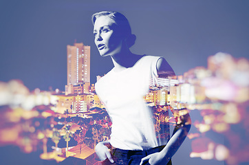 Image showing Woman, city and night with double exposure, thinking and fashion for outdoor adventure, tourism and freedom. Girl, vision and holographic overlay with buildings, skyline and bokeh light by cityscape