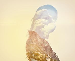 Image showing Woman, nature and double exposure in portrait with mountain, clouds or sky background on adventure. Girl, face or holographic overlay for freedom, holiday or silhouette with vision for sustainability
