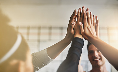 Image showing Hands, high five and teamwork of people in gym for fitness, team building and solidarity. Collaboration, group of friends and celebration for exercise targets, goals or support, motivation or success