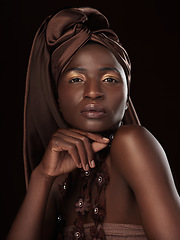 Image showing Portrait, fashion and black woman with makeup, beauty and confident lady against a dark studio background. Face, female person and model with traditional outfit, cosmetics and creative with glamour