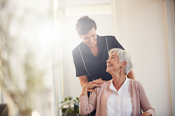 Image showing Support, wheelchair and senior woman with a nurse in a retirement home for wellness and healthcare. Medical, disability and elderly female person bonding with a professional rehabilitation worker.