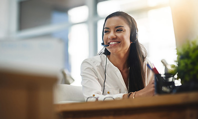 Image showing Communication, crm or happy woman in call center consulting, speaking or talking at customer services. Virtual assistant, friendly or sales consultant in telemarketing or telecom company help desk