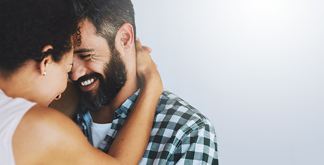 Image showing Love, hug and face of couple in home for commitment, loving embrace and trust on white background. Dating, mockup space and man and woman smile for intimate moment, happy and together for romance