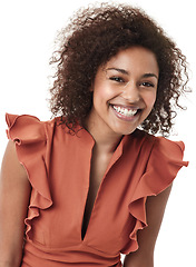 Image showing African woman, studio portrait and fashion with smile, beauty and happiness by white background. Isolated girl, model and happy with excited face for clothes, dress and natural curly hair by backdrop