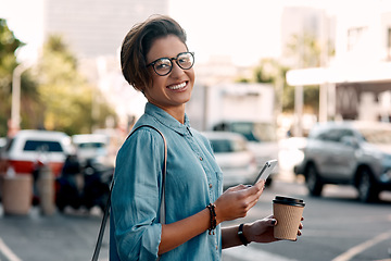 Image showing Commute, portrait of young woman with coffee in the morning in city and smartphone in the street background. Travel with cellphone, happy and female person with beverage in urban area or cityscape