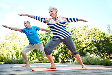 Image showing Nature, yoga and senior couple doing outdoor exercise, retirement workout or fitness performance. Wellness, freedom and elderly man, woman or people doing pilates pose, training or health balance