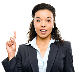 Image showing Corporate woman, portrait or pointing up on isolated white background for finance growth questions, target or future vision. Face, surprised or business worker ideas with financial strategy thinking