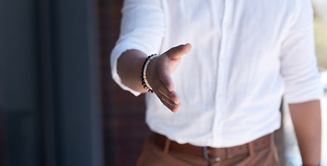 Image showing Handshake, thank you and welcome with a business man at the office for partnership, teamwork or greeting. Hand, meeting and trust with a male manager working in a company for a recruitment interview