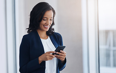 Image showing Entrepreneur, smile and woman with a smartphone, typing or connection with text message, check emails or chatting. Female person, employee or consultant with a cellphone, mobile app or online reading