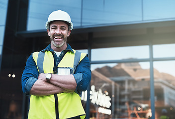 Image showing Engineering, arms crossed and architecture with portrait of man in city for planning, designer or industry. Building, project management or infrastructure with male contractor on construction site