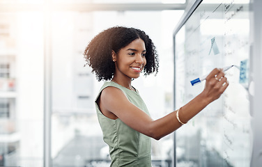 Image showing Glass wall, business and black woman writing, brainstorming or strategy in office. Planning, board and happy female person write, working on project and schedule, notes or information in workplace.