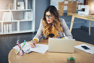 Image showing Creative, laptop and business owner drawing a design, fashion or project for startup company in office. Manager, creativity and entrepreneur or professional designer working on a strategy in notebook