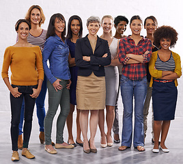 Image showing Women, studio and portrait with diversity, business people and leadership with pride. Isolated, white background and female empowerment with staff and friends together with support and success