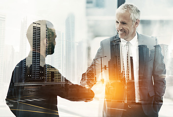 Image showing Overlay, partnership and business men shaking hands in agreement in the city for corporate success. Double exposure meeting, flare and handshake for welcome, thank you or collaboration in an office