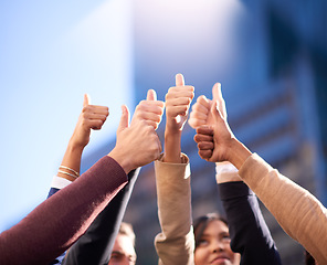 Image showing Thumbs up, group or people in agreement with hands on blue sky outdoors. Teamwork, collaboration or community diversity and colleagues in support gesture outside in city background with flare mockup