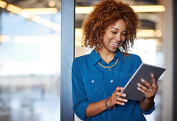 Image showing Business, happy black woman with tablet and standing in doorway in corporate office. Technology, digital networking or social media and excited African female worker reading email in workplace