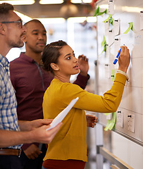 Image showing Woman, focus and brainstorm on whiteboard or marketing presentation or male employees and in office. Coach, lady trainer and man workers or flip chart or business project and workplace meeting