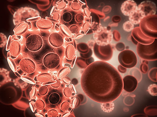 Image showing Virus, red blood cells and science with microscope view for research. Zoom immune system or molecule, microscopic organisms in dna of healthcare and experiment process or medicine discovery.