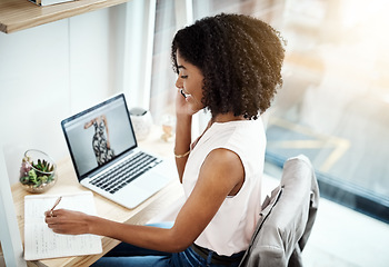 Image showing Laptop, phone and fashion woman writing notes, planning or networking in e commerce, small business or online startup. Creative person talking on mobile voip, computer and notebook for clothes design