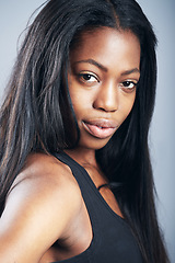 Image showing Fitness, beauty and portrait black woman on studio backdrop with motivation for health and wellness. Exercise goals, self care and and face of fit, confident female sports model on grey background.