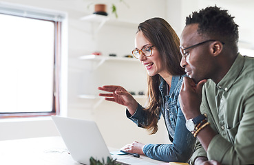 Image showing Team at startup, laptop and video call with collaboration in virtual meeting, people working together in workplace. Black man, woman and strategy discussion seminar on pc, teamwork and communication