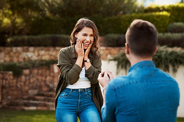 Image showing Love, surprise and engagement with couple in nature for wedding, commitment and happiness. Smile, proposal and offer with man and woman in backyard of home for marriage, wow and save the date