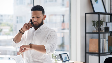 Image showing Work, time check and a businessman on a phone call for communication, appointment and conversation. Late, talking and a corporate employee reading a watch for notification while speaking on a mobile