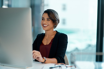 Image showing Computer, happy and business woman with online solution, software management and reading company review. Working, website planning and smile of professional worker or person on desktop pc in office