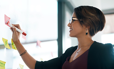 Image showing Business woman, writing and brainstorming on glass moodboard for ideas, planning workflow and project goals. Happy professional worker or person, sticky notes and creative schedule or job reminder